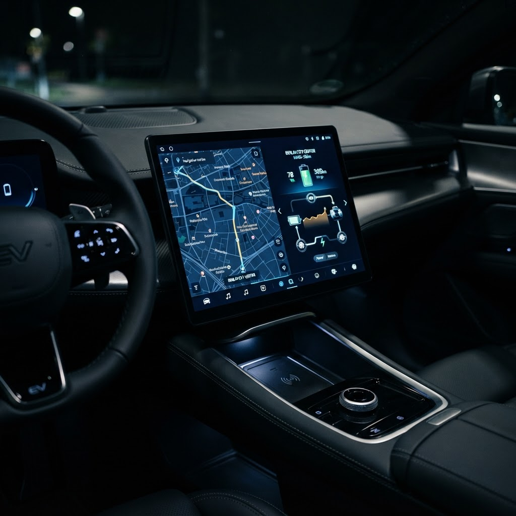 Pantalla central táctil giratoria de un auto eléctrico mostrando el mapa y el consumo